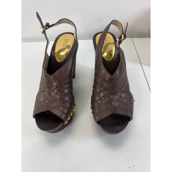 Michael Kors Wedge Sandals Gold Studs Chocolate Brown 8.5 - Picture 2 of 7